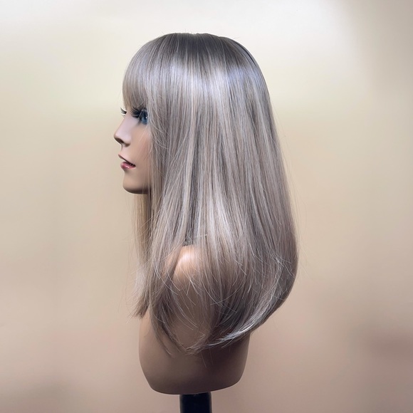 6082-16”Ombre Dark Brown Root to Ash Blond Curved Bottom Wig - Picture 5 of 11